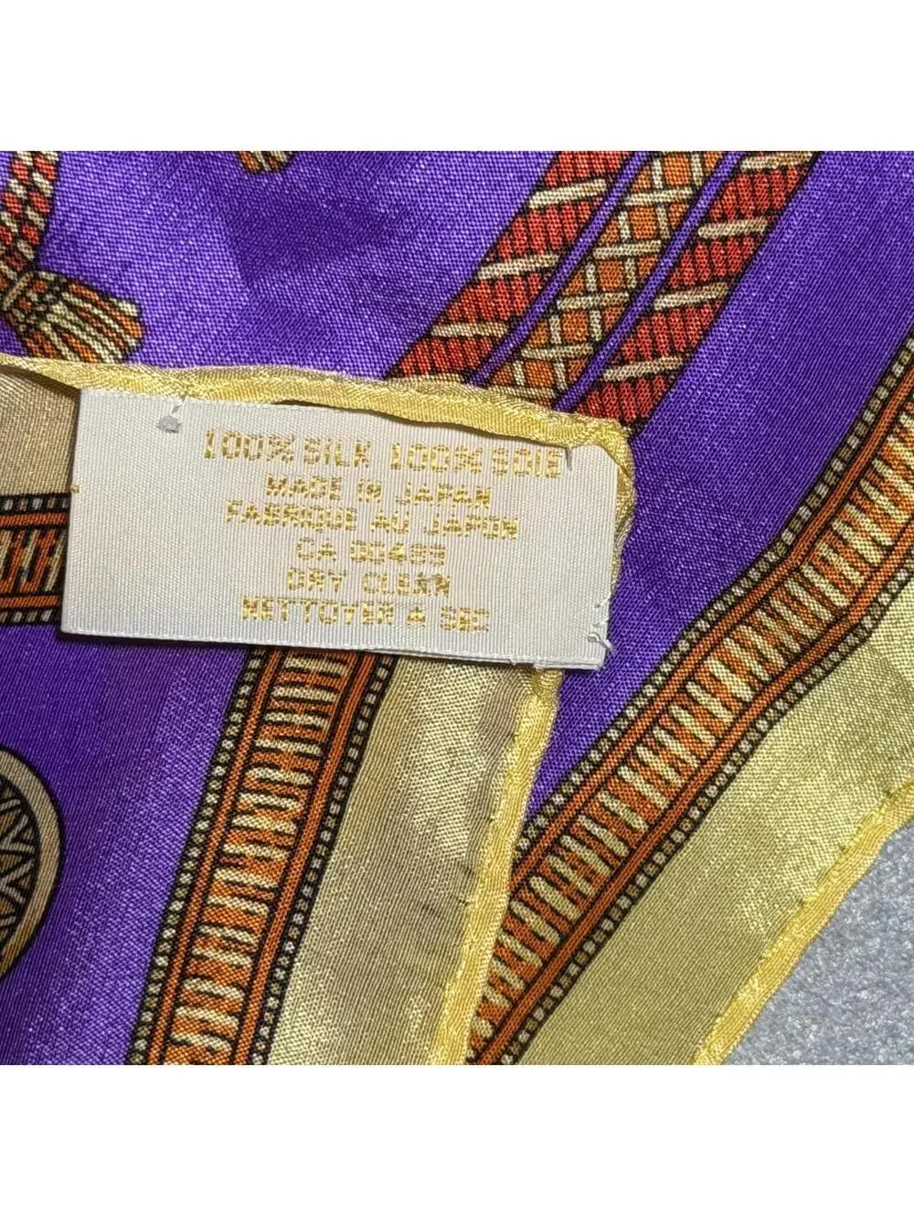 Vintage 80s Elaine Gold Silk Scarf Purple Gold Medallion Print Square Scarf